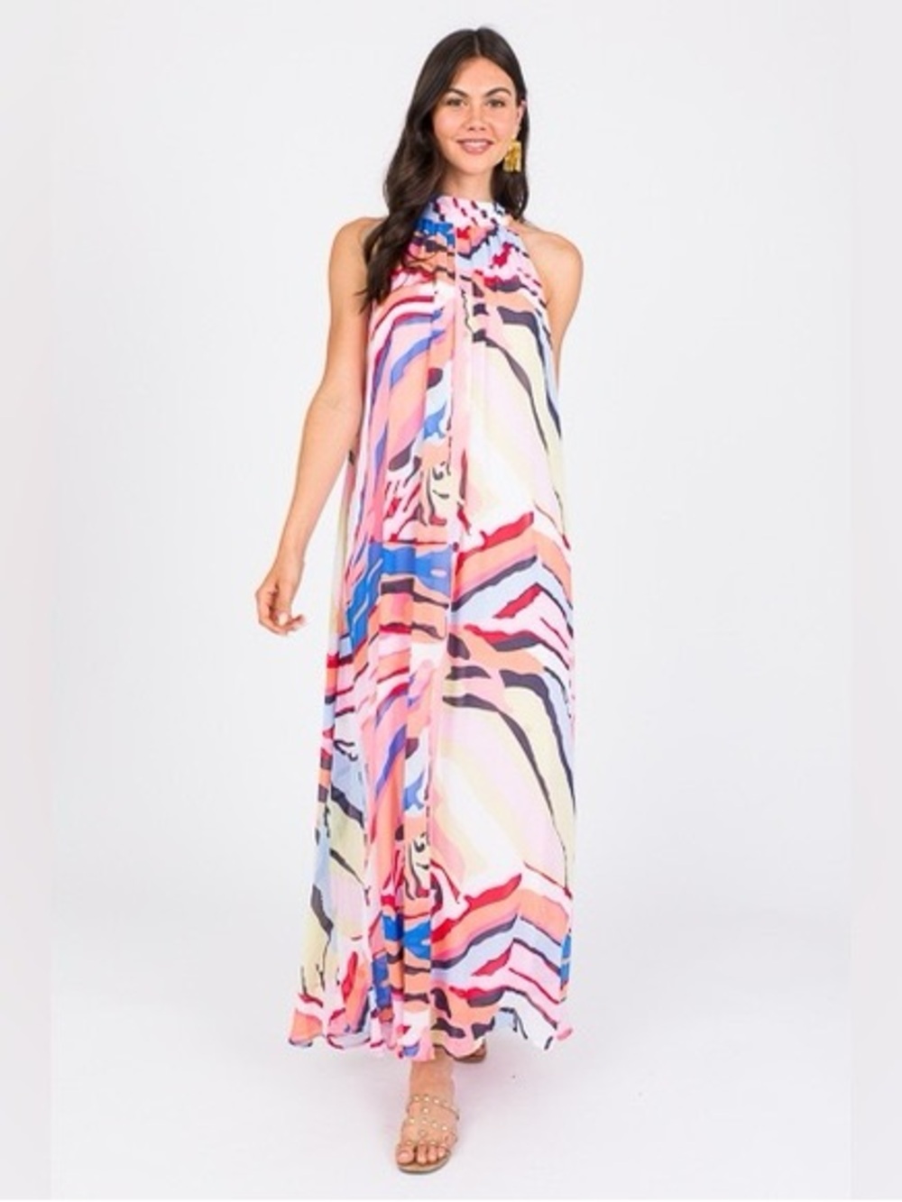 The Nines Abstract Multi-Color Halter Maxi Dress Size M Flowy Summer Vacation